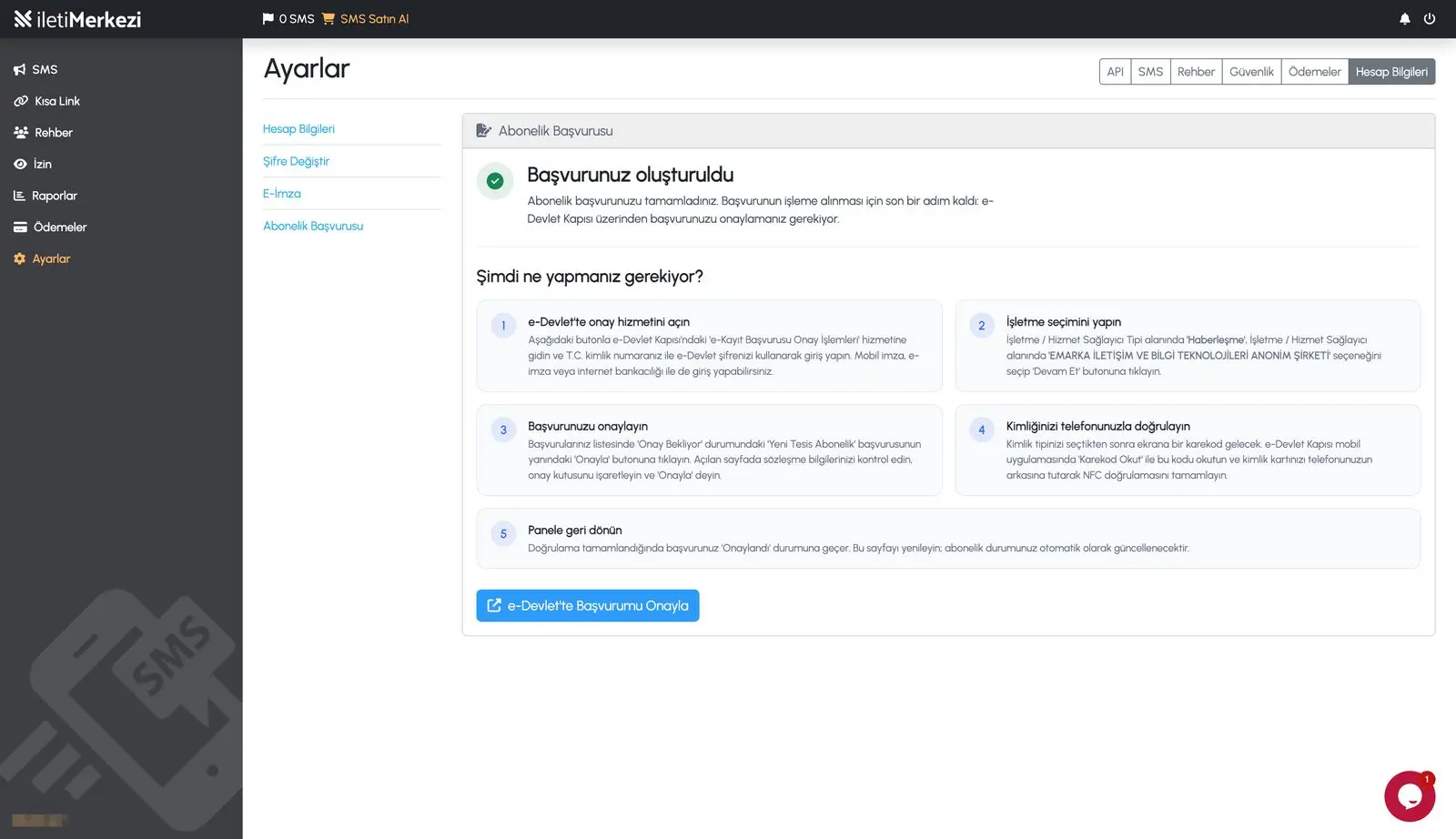 Başvuru oluşturuldu ekranı ve e-Devlet onayı için yapılacaklar listesi