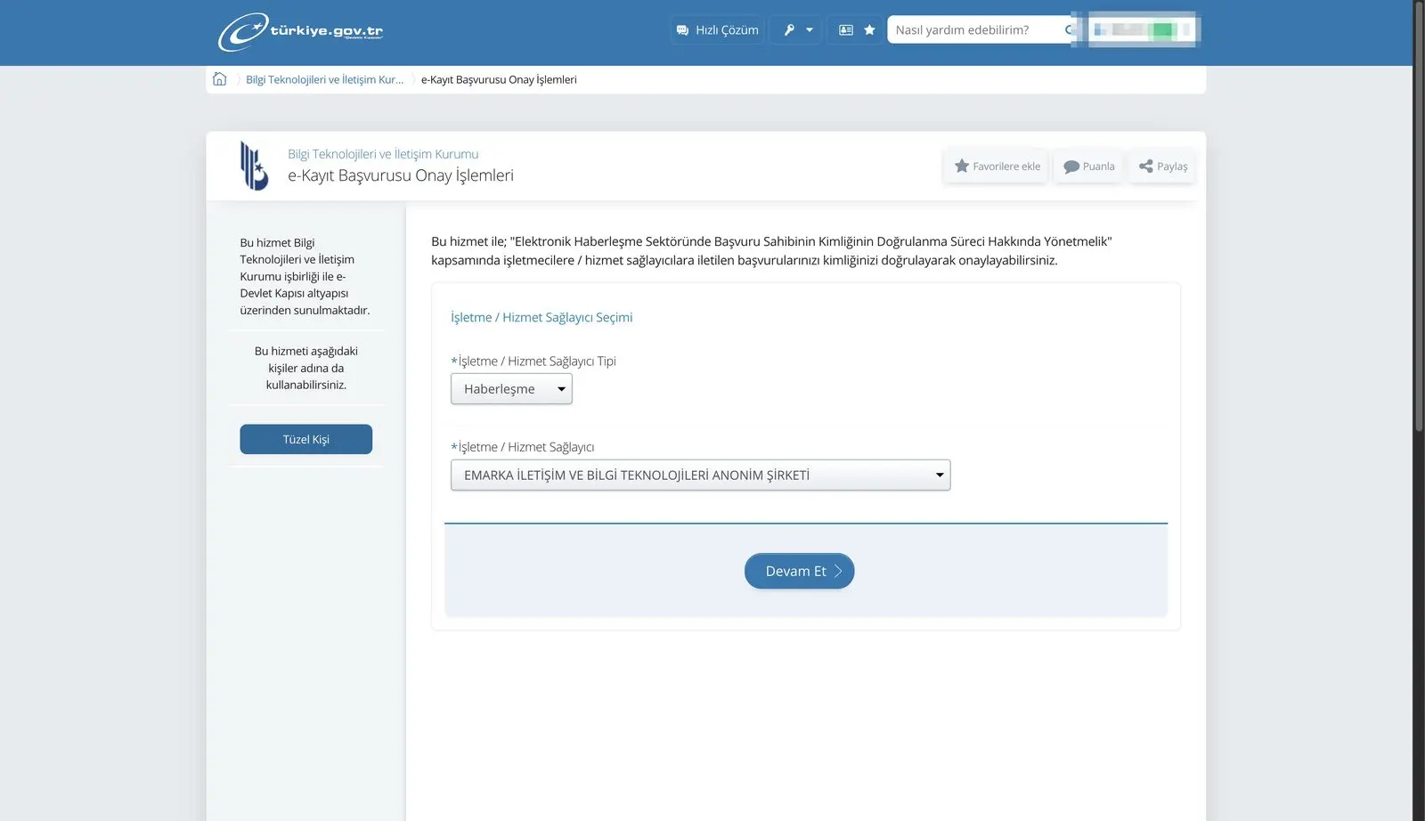 BTK e-Kayıt hizmetinde işletme ve hizmet sağlayıcı seçimi