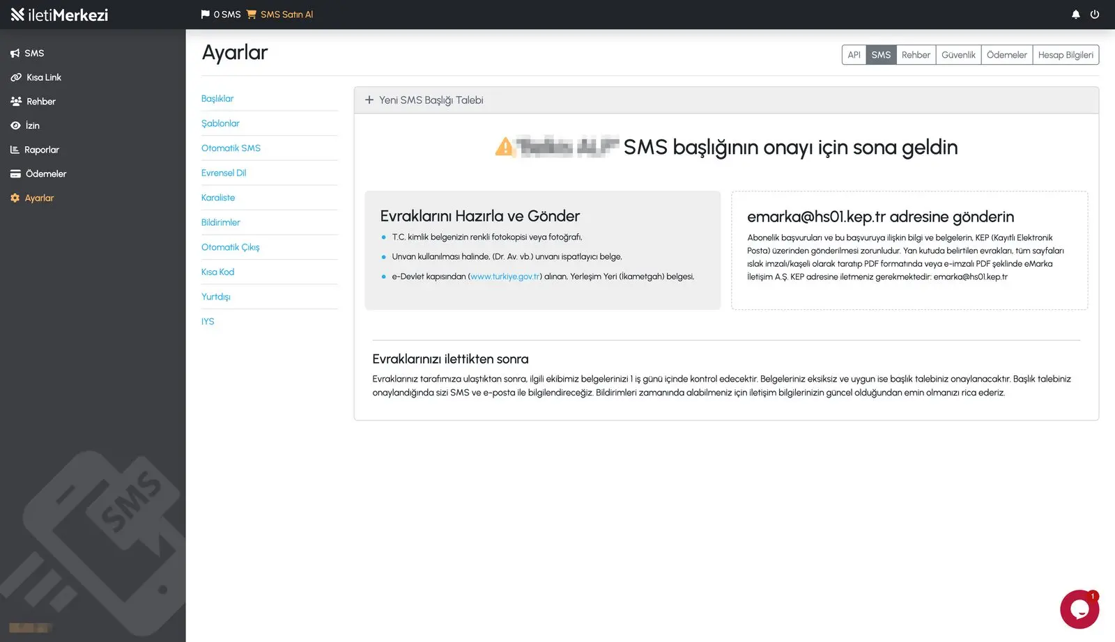 SMS başlığı onayı için evrak listesi ve KEP adresi bilgilendirmesi