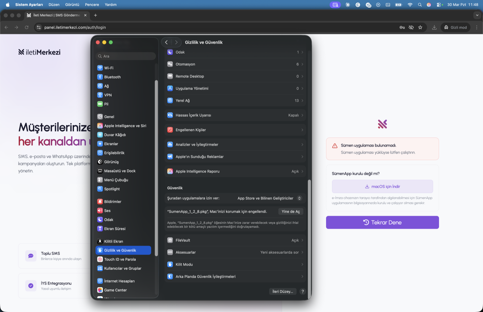 macOS Gizlilik ve Güvenlik ekranında SumenApp paketi için Yine de Aç butonu