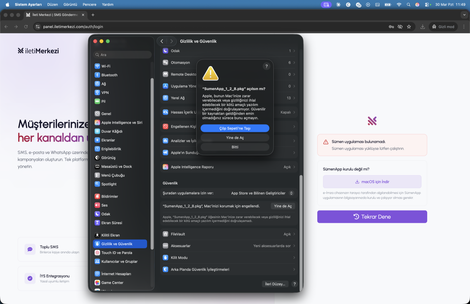 macOS son güvenlik onay penceresinde SumenApp paketine açma izni verilmesi