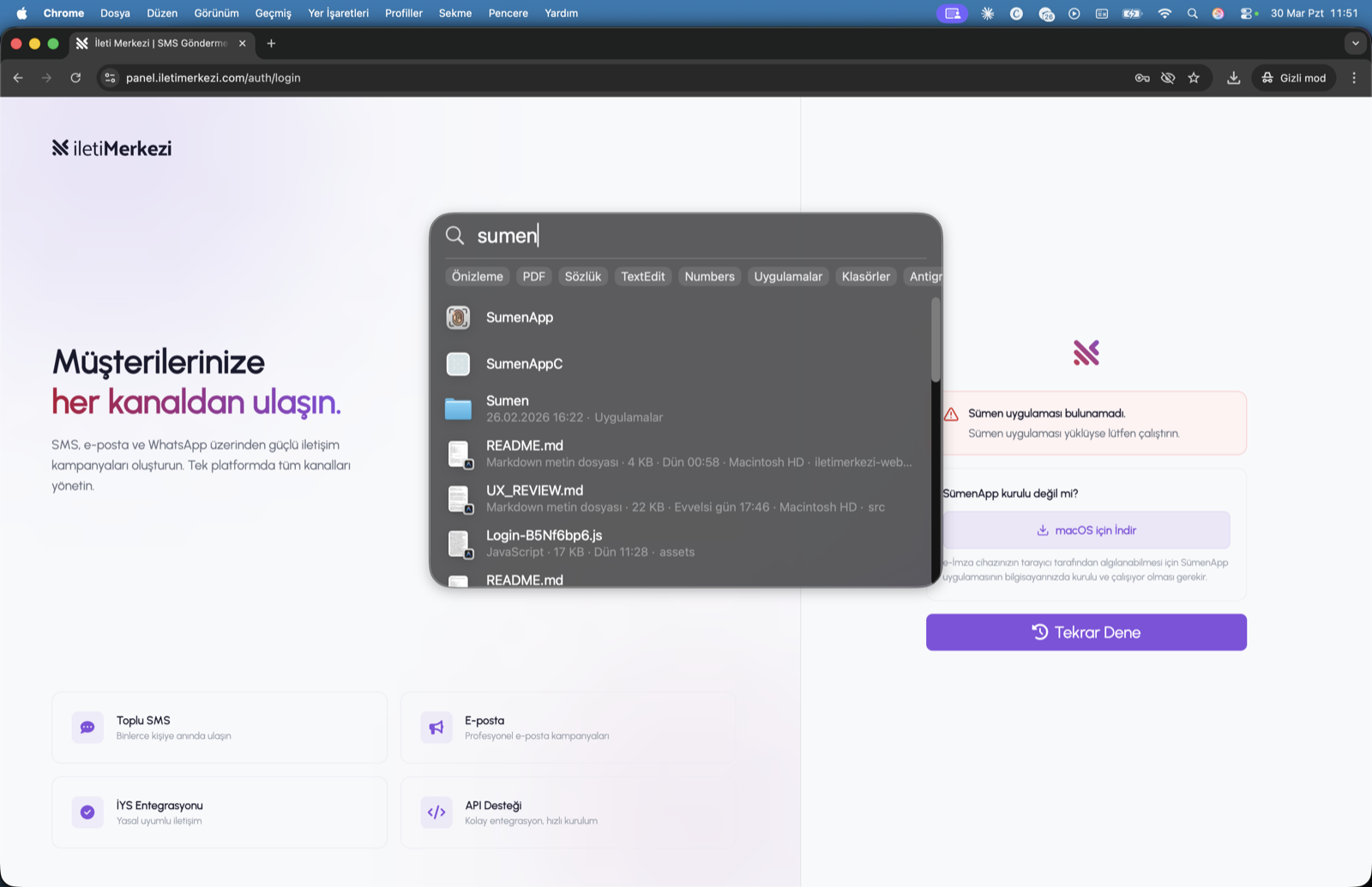 Spotlight aramasında SumenApp uygulamasının bulunup çalıştırılması