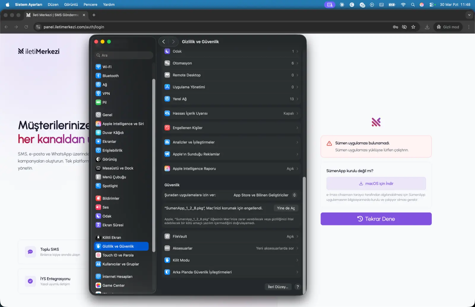 macOS Gizlilik ve Güvenlik ekranında SumenApp paketi için Yine de Aç butonu